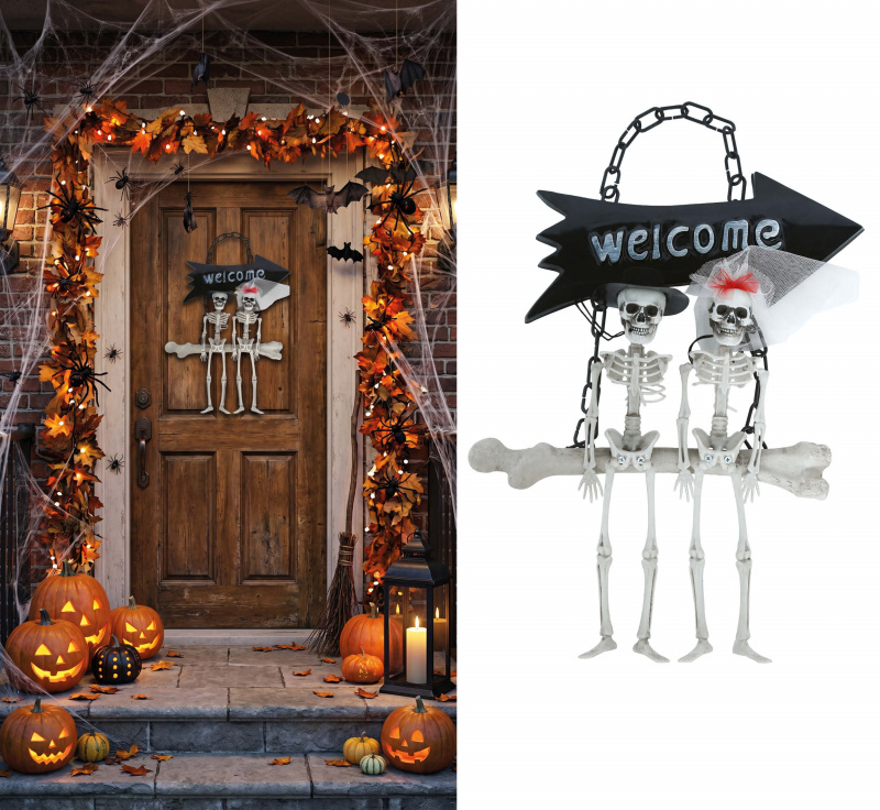 Halloweenskylt Welcome med Skelett