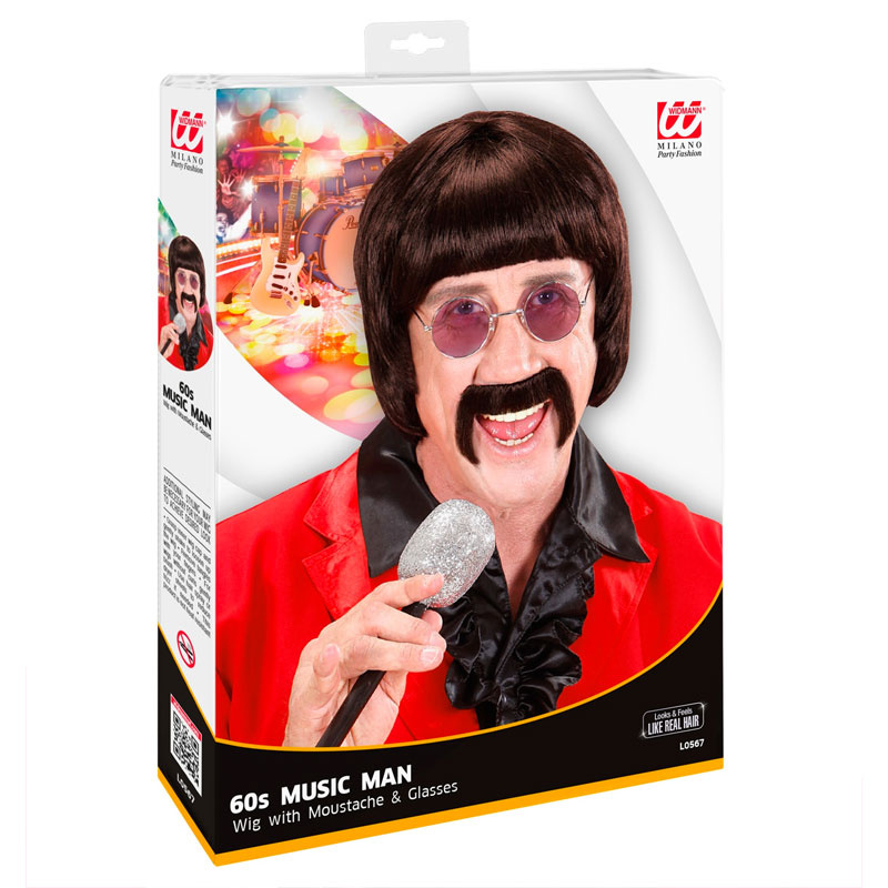 Peruk och mustasch 60-tal med glasögon Brunett